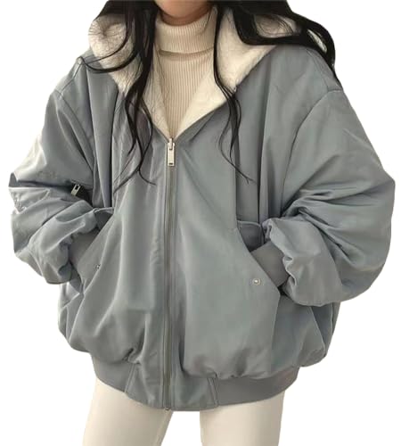 [MaxWant] アウター レディース リバーシブル 2way ボアブルゾン ボアジャケット 秋冬 暖かい 柔らかい カジュアル フード付き 通勤 通学 (2XL, ブルー)のサムネイル