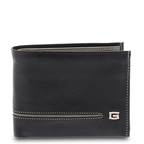 GIUDI ® - Men's leather wallet, Made in Italy, genuine leather, calfskin and cowhide leather, horizontal line., Black/Light grey, Black/Light Grey, 9,50 x 12,20 x 2,00 cm, Contemporary