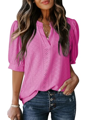 Dokotoo Womens Tops Short Sleeve Shirts V Neck Dressy Casual Blouses Solid Color Lace Tops Business Casual Outfits Spring Summer Ladies Tops and Blouses for Womens Fashion 2026 Hot Pink Shirts XL