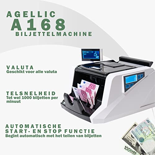 Agellic Geldzählmaschine Scheine & Geldscheinprüfer | 4-fache Falschgeldprüfung, 1000 Scheine pro Min | Banknotenprüfer & Geldprüfgerät | Inkl. Falschgeld Prüfer Stift & Batch-Funktion