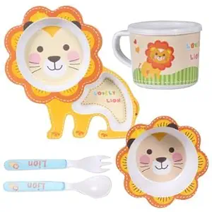 POLKA TOTS Eco Friendly Bamboo Fiber Dinner Set, 5 Pcs Tableware Crockery Set for Weaning Toddler & Self Feeding Baby Utensil Set for Baby Kids (Lovely Lion)