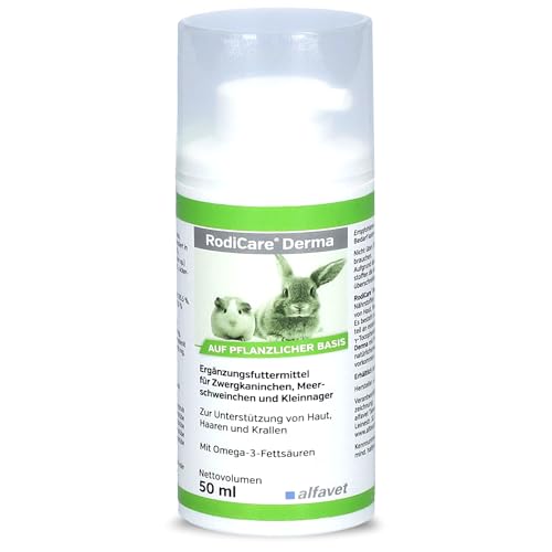 Alfavet RodiCare Derma zur Unterstützung von Haut, Haaren und Krallen, Nahrungsergänzung für Zwergkaninchen, Meerschweinchen, Kleinnager, 50ml Spender