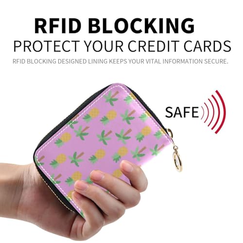 Women's Pineapple Palm Tree Purple Credit Card Holder Wallet Leather Zipper Card Case for Ladies Girls 203010163