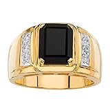 PalmBeach Jewelry Men's 18K Gold-Plated Round Genuine Diamond and Emerald Cut Blue Sapphire, Red Garnet or Black Onyx Ring Size 11