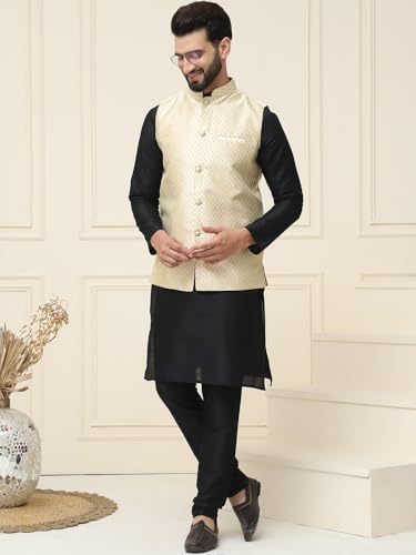 Image of SOJANYA (Since 1958 Men's Silk Blend Kurta Pyjama & Self Design Nehru Jacket Combo
