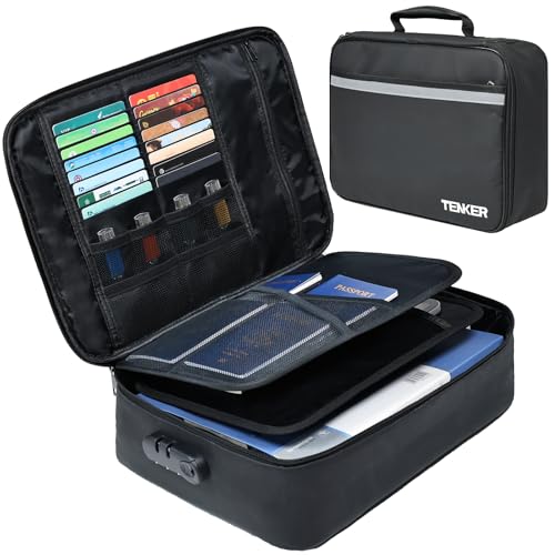 Image of Document Bag with Lock, Fireproof File Storage Case with Water-Resistant, TENKER Organizer Box for Document, Safe Portable Travel Home Organizer for Laptop, Files, Certificates, Black(15