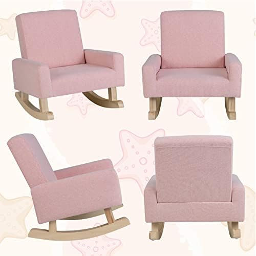 COSTWAY Kids Rocking Chair, Toddler Upholstered Armchair with Anti-tipping Design, Wooden Linen Fabric Children Sofa Rocker for Bedroom, Playroom and Living Room (Pink)