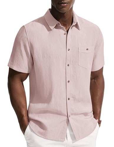 PJ PAUL JONES Mens Linen Shirts Short Sleeve Button Down Shirt Wrinkle Free Dress Shirt Casual Summer Shirt with Pocket Pink XXL