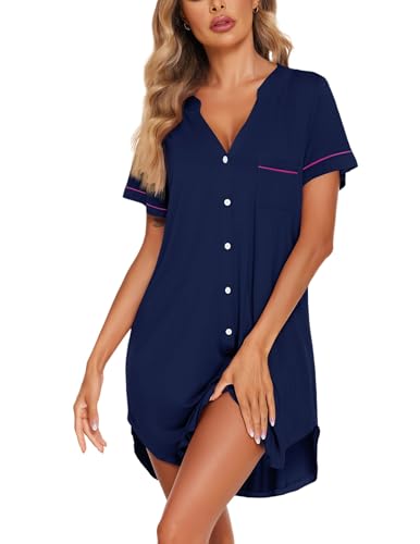 Image of Ekouaer Nightgowns for Women Button Down Night Gowns Short Sleeve Sleep Shirt V Neck Nightshirt Soft Sleepwear Pajams Dress