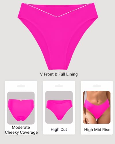 Image of Zmart Women V Cut Cheeky Bikini Bottoms - Mid Waist High Cut Swim Bathing Suit Bottoms V Front Swimsuit