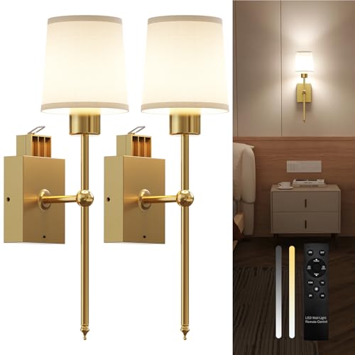 Image of Wireless Rechargeable sconces Wall Decor Set of 2, 5200mAh Battery Wall Sconce with Remote & Timer, Wall Lights Operated for Bedroom, Living Room, Hallway, Bathroom, Gold