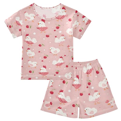 ALAZA Cute Chicken Cherry Pajamas Set Short Sleeve Cotton Sleepwear Summer Pjs 2 Piece 5-14Y