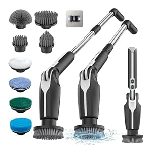 Leebein Cepillo Eléctrico Limpieza Hogar, 2024 Fregadora Giratoria Eléctrica con 8 Cepillo Reemplazables, Control Remoto, Mango Ajustable 38-132CM y 2 Velocidades de Rotación para Baño/Cocina/Coche