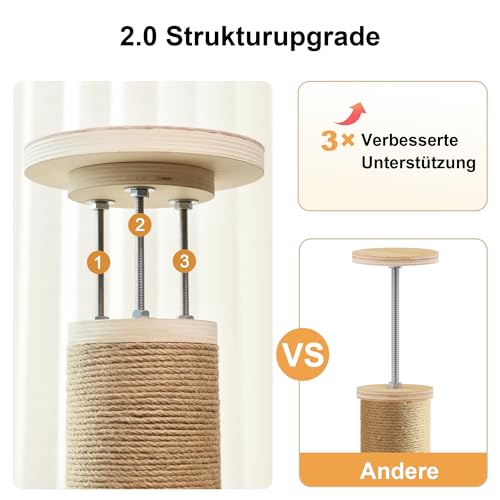 FUKUMARU Kratzbaum, 6 Etagen bis zur Decke reichender Katzenturm(282-305cm), wandmontierter Katzenbaum,aus Natürliches Gummibaumholz, mit Katzenversteck-Zelt und gemütlicher Hängematte,beige – Bild 6
