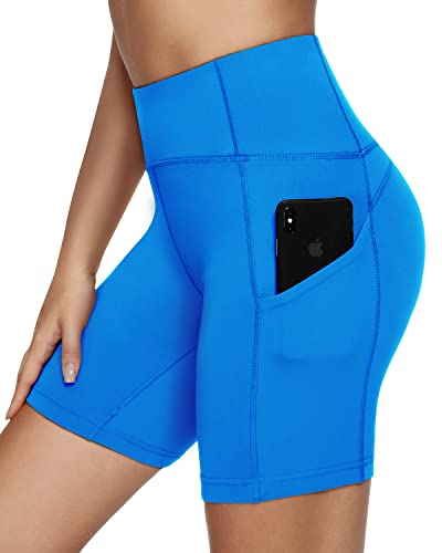 QUEENIEKE - Pantalones cortos deportivos para mujer, 6 pulgadas, cintura media, 3 bolsillos para teléfono, yoga, correr, control de barriga, leggings de entrenamiento Azul Azul Sueño M Cover
