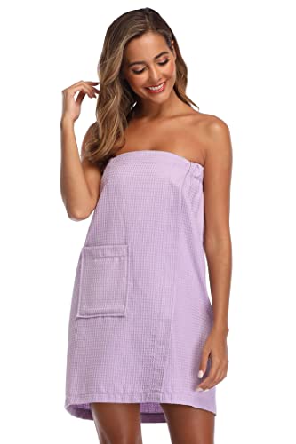 Image of Women's Bath Towel Wrap Waffle Spa Body Wrap with Adjustable Closure Quick Dry Lightweight Towel Robes with Pocket, Light Purple L /XL