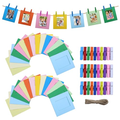 chuanhylis 30 Piezas Marcos de Fotos de Cartón，Diy Marco de Fotos de Papel，Papel Para Marcos de Fotos con 30 Pinzas De Colores Y 3 Rollos de Cuerda de CáñAmo Para SalóN, Fiesta