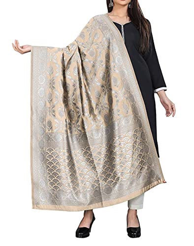 Dupatta en soie jacquard beige avec broderies traditionnelles Zari et Resham de luxe pour femme