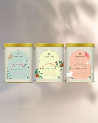 Image of Makaibari Festive Pack Trio Assortment: Awaken + Evoke + Revere|New Years Gift Box|Christmas Gift Hamper|Usda Certified Darjeeling Tea|Anti-Oxidants,Immunity Booster|Tin Caddy|100 Gram X 3,Green Tea