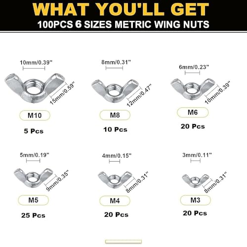 Image of Epi-Torque 100 Pcs 6 Sizes Butterfly Wing Nuts Assortment Kit, M3 M4 M5 M6 M8 M10 Sizes Stainless Steel Wing Nuts Fasteners