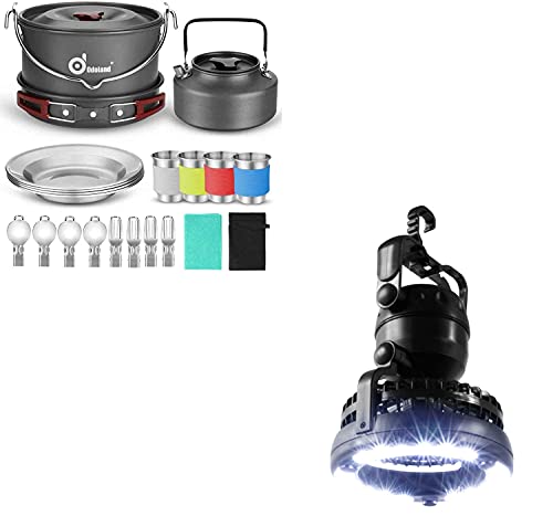 Odoland Bundle – 2 Items 22pcs Camping Cookware Mess Kit and Portable LED Camping Lantern with Ceiling Fan