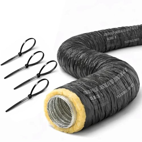 6 Inch Insulated Flexible Duct 25 FT R4 HVAC Flex Duct with Black Jacket Owens Corning Fiberglass Insulation Aluminum Foil Core for Ventilation & Exhaust