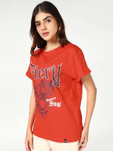 Image of Bewakoof Women's Graphic Print Boyfriend Fit Half Sleeve Round Neck Pure Cotton T-Shirt 694320 Red XL