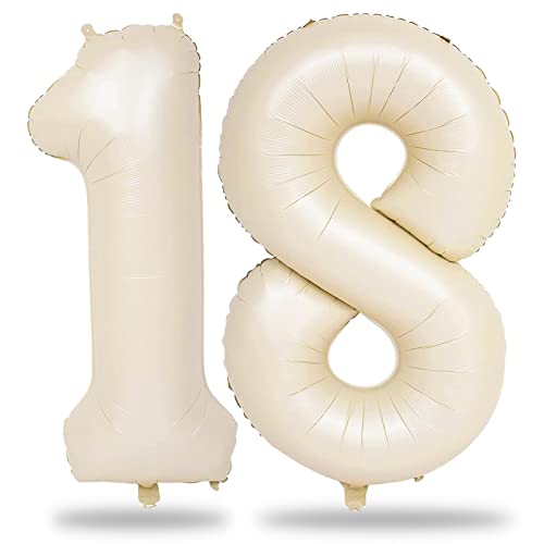 Luftballon Geburtstag Zahl 18 Creme, XXL Riesen Beige Folienballon Zahlen 1 und 8, Sandweiß 18 Jahre Geburtstagsdeko für Mädchen Junge 18. Geburtstag Männer Frau Jubiläum Party Deko, Fliegt mit Helium Cover