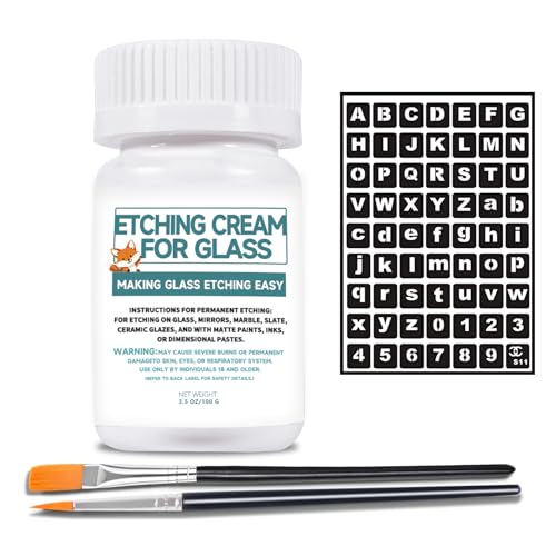 3.5 oz Glass Etching Cream Kit – Includes 2 Brush Pens & 1 Alphabet Stencil – Create Permanent Frosted Designs on Glass, Mirrors & Glassware – Etching Starter Kit (3.5oz + Stencil)