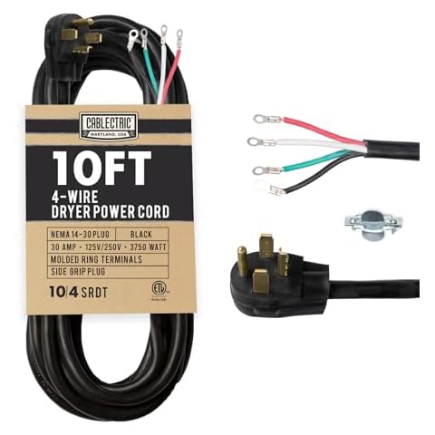 Cablectric 10 Foot Dryer Cord - Black 4 Prong Extension Cord, 10/4 SRDT, 30 Amp Dryer Power Cord 4 Prong 10 Ft, NEMA 14-30 Plug 4 Prong Dryer Cord, 30 Amp 4 Prong Dryer Cord Cover