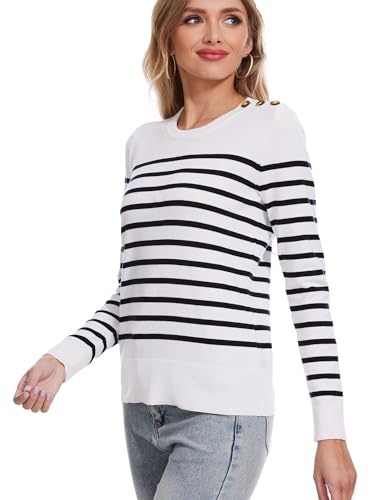 Image of Spicy Sandia Women's Long Sleeve Crewneck Sweaters with Dressy Cuff | Striped or Solid Available, Dressy Casual, Classic, Lightweight, For Office Work, Business Casual Outfits
