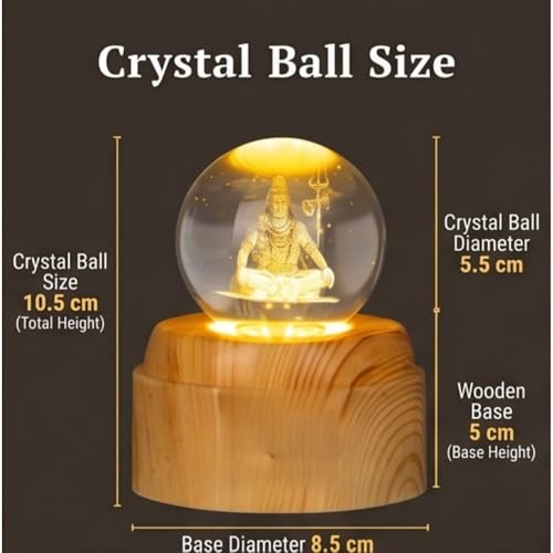 Image of 3D Crystal LED Night Lamp with Lord Shiva Engraving Wooden Base Warm Light Decorative Lamp Spiritual Home Decor Gift for Pooja Room, Bedroom Office USB Powered Crystal Ball Lamp
