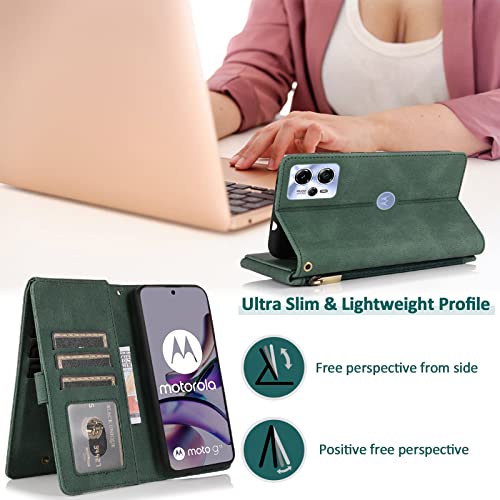 Compatible with Motorola Moto G13 4G / G23 4G Wallet Case Tempered Glass Screen Protector Zipper Retro Leather Flip Cover Card Holder Stand Cell Accessories for G 13 23 XT2331 XT2333 Women Men Green - Image 2