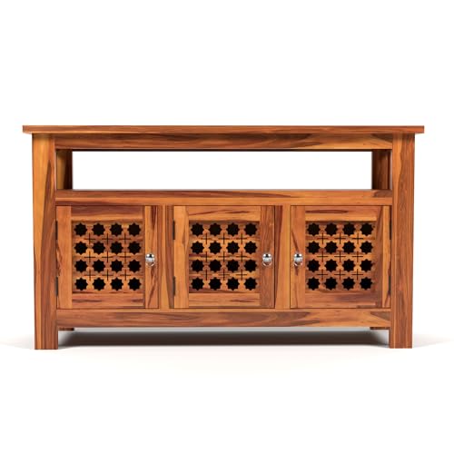 Image of Solid Sheesham Wood Wooden Cabinet Sideboard with 6 Shelves and 3-Door Storage Cabinet for Your Living Room Bedroom Storage (Liam, Honey Finish)