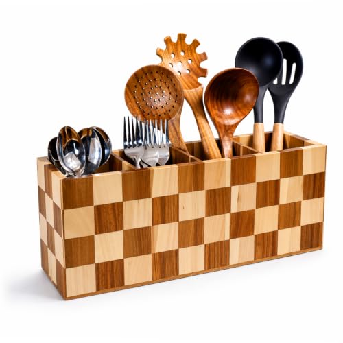 Image of Large Kitchen Utensils Holder 4 Compartments with Checkered Design,Corner Utensil Caddy for Countertop,Acacia Wooden Mixed With Poplar Wood Utensil Organizer for Kitchen Countertop, Farmhouse Decor