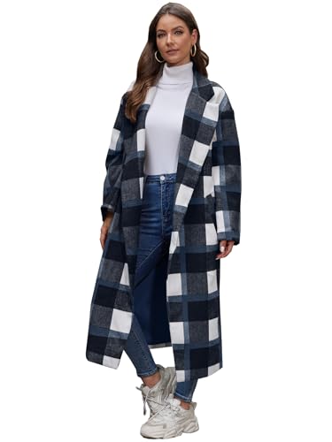 Women's Oversized Plaid Wool Coat Casual Lapel Collar Double Breasted Winter Long Pea Coat with Pockets