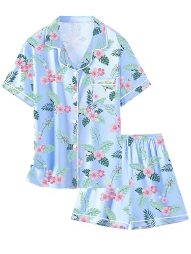 Image of Schbbbta Women Pajamas Set, 2 Pieces Satin Silk Button Down Pjs Short Sleeve Outfits Loungewear