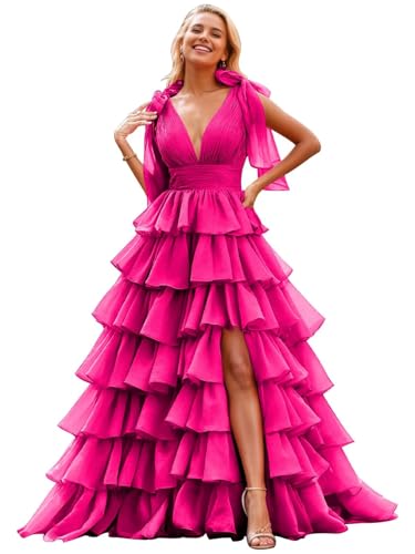 Image of TORYEMY Tiered Tulle Prom Dress Long Ball Gown Deep V Neck Formal Evening Dresses with Slit Ruched for Women