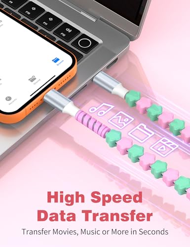 Image of USB C to USB C Cable 6FT,60W Fast Charging Beaded Charger Cord for iPhone 17 16 Pro Max 15 /iPad Pro 11th Air for Samsung S26 S25 S24 S23 A17 /Android Phone Charger Cord Cute Girl Women,Pink-Green Star