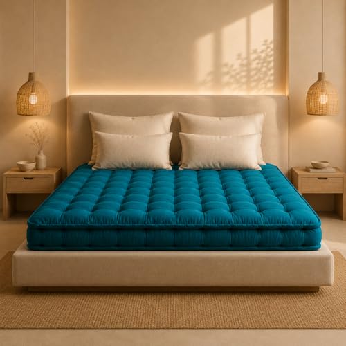 Image of Khadi Essential Cotton Filled Mattress Gadda Soft & Reversible, Pure Cotton Fabric, Firm Gadda for Floor & Bed, (72 x 72 x 4 Inches,) (Coral Green, King) (King)