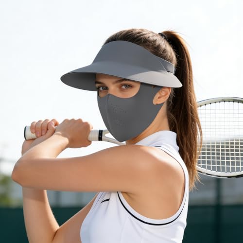 Image of SANNIDHI Summer Face Mask with Wide Brim Cap, 2 in 1 Sun Protection Visor Hat and Face Cover for Women Bike Riding, UPF 50+ Outdoor Cool Touch UV Mask Set, Ventilated Open Crown