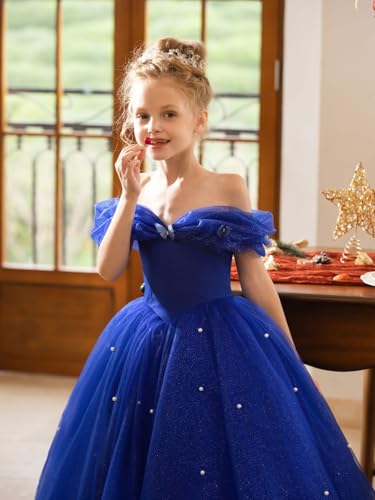 Elegant Off Shoulder Flower Girl Dresses Puffy Tulle Pageant Gown Sparkly Pearls Formal Evening Party Dress4