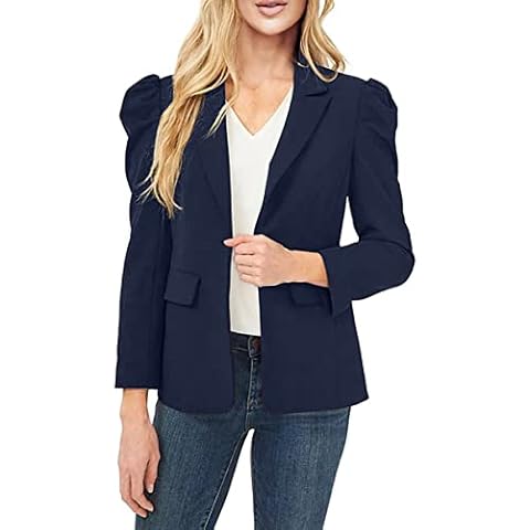 Bigeoosh Women's Open Front Puff Shoulder Blazer Notch Lapel Long Sleeve Work Office Blazer Jackets Coats with Pockets, Navy Blue, S Cover