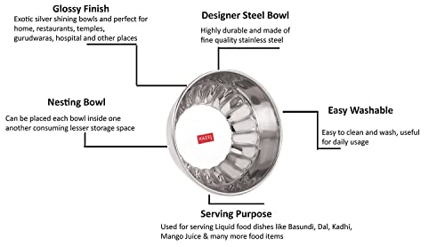 Hazel Stainless Steel Serving Bowl | Sweet Dish | Dessert Plate For Serving | Indian Bowl Set Of 6 With Glossy Finish,Silver 10 Oz Each #TOP4