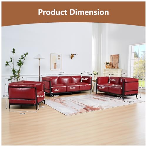 Image of 2 Piece Living Room Sofa set, Mid-Century Modern Upholstered Couch Chair Faux Leather Sofa Couch with Iron Frame and Upholstered Armrest Backrest Cushion for Living Room, Office, Apartment (Burgundy)