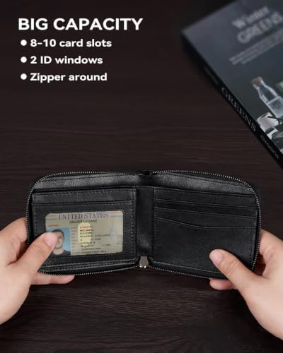 Men's RFID Blocking Genuine Leather Zipper Wallet with 10 Card Slots & 2 ID Windows Bifold Zip Wallets for Men - 3