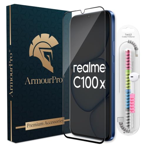 Image of ArmourPro Military-Grade Tempered Glass for Realme C100x - 9H Anti Scratch, Edge-to-Edge Coverage, HD Clarity, Smooth Touch, Case Friendly, Easy Installation Kit with Cable Protector