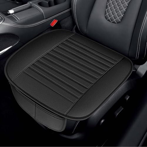 Universelle Sitzkissen Auto, Atmungsaktiv Sitzauflagen Vordersitze aus Leder & Baumwolle, Vordersitzkissen Leicht zu Reinigen, Rutschfest Sitzauflage Auto für Ganzjahreskomfort (Schwarz, 49x47cm)