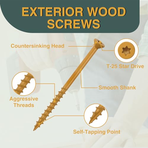 T.K.Excellent Deck Screws 2-1/2 Inch Wood Screws #9 x 2-1/2, 395 Pcs, Rust Resistant Tan Exterior Structural Screws, Torx Drive Screws, Two T25 Bits, Brilliant Yellow Ruspert Coating Rust Proof - Thumbnail 2