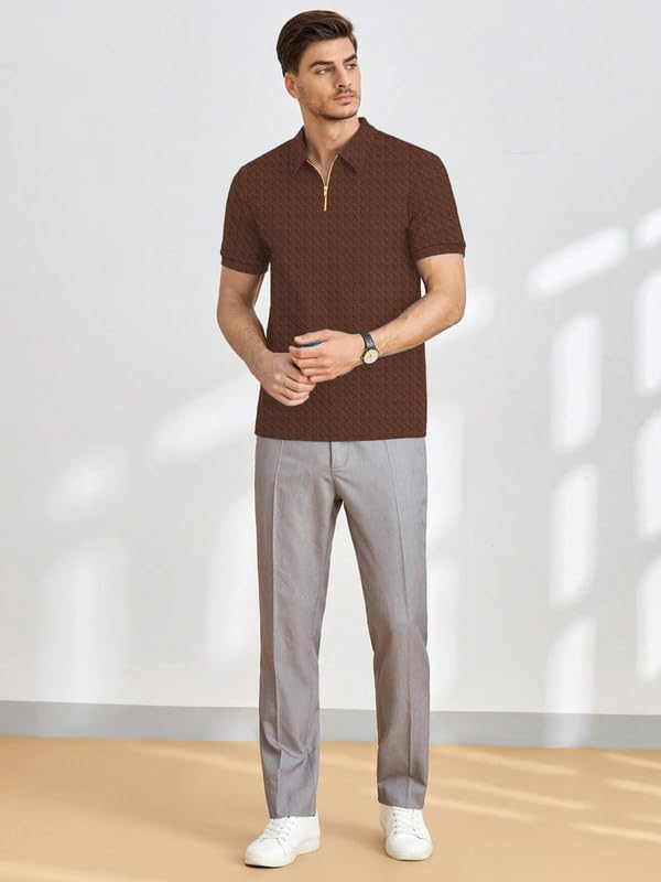 Image of KAJARU Men's Polyster Blend Regular Fit T-Shirt with Half Sleeve Chain Polo Collar V-Neck Standard Length and Classic Style